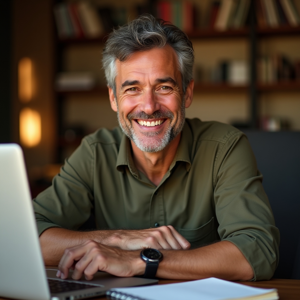 Ritratto di consulente uomo, circa 40 anni, che sorride in un ufficio luminoso