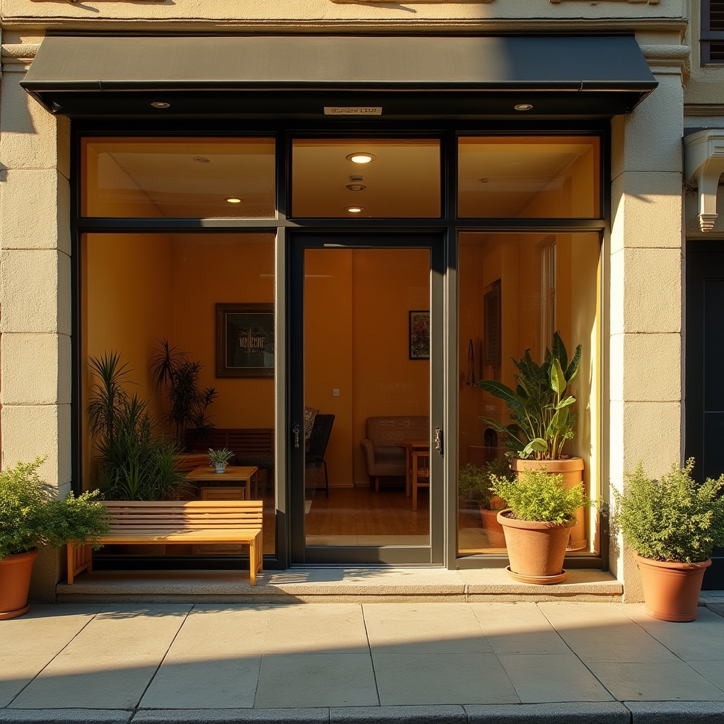 Ingresso di un ufficio con vetrata e insegna discreta in luce calda